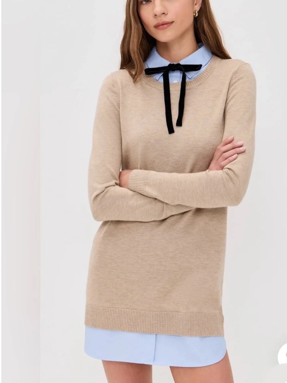 English Factory Oxford Combo Sweater Shirtdress Beige/Taupe and Blue Size Small